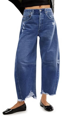 Cicy Bell Womens Baggy Barrel Jeans Cropped Boyfriend Wide Leg Raw Hem Denim Pants Blue,10