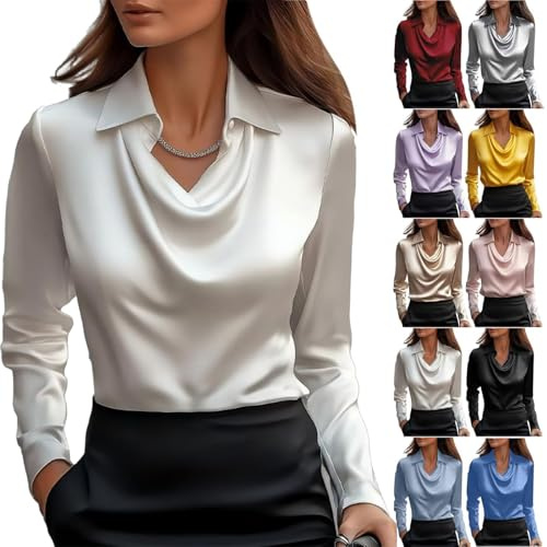 Blusas Informales de satén Elegantes para Mujer, Blusas holgadas de Manga Larga para Oficina, Blusas de satén con Cuello Vuelto y Manga Larga para Trabajo y Oficina. (White,M)