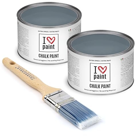 I Love Chalk Paint Oceano – Set Risparmio 2 Barattoli + Pennello – 750 ml totali – Vernice Effetto Gesso per Mobili – Chalk Paint Pittura Tutto Senza Carteggiare