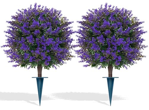 Grooy Artificial Lavender Topiary Ball for Outdoors, Set of 2 Boxwood Plant Tree with Spike, Fake Shrubs UV Resistant Faux Plants for Indoor Outdoor Decor