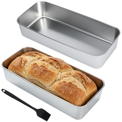 YHNDECO Juego de 2 moldes grandes de acero inoxidable, 33 × 15 × 6,7 cm, molde para pan de acero inoxidable con pincel de silicona, molde rectangular, saludable y no tóxico para pan, pasteles y