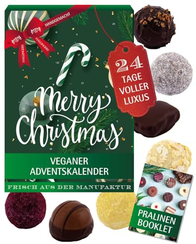 Hallingers Genuss Manufaktur Veganer Pralinen Adventskalender mit & ohne Alkohol – 24 handgemachte vegane Schoko Pralinen aus Edelkakao - Süßigkeiten Geschenk Erwachsene - Weihnachtskalender 2025