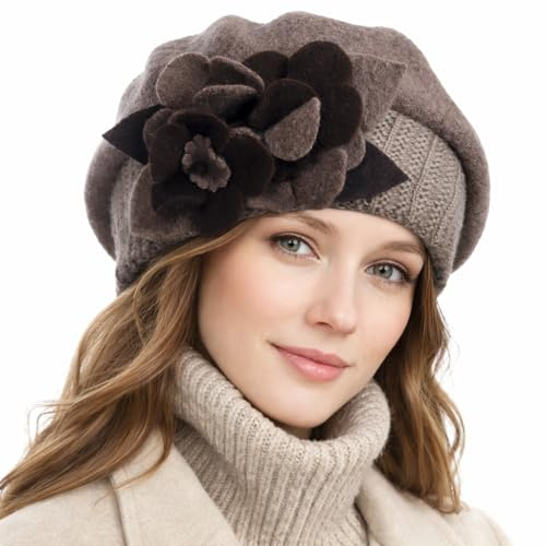 VECRY Lady French Beret 100% Wool Beret Floral Dress Beanie Winter Hat (Floral-Brown)