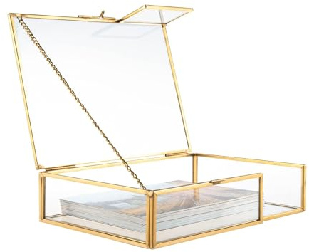 Feyarl Gold Glass Photo Picture DIsplay Box Keepsake Cards Storage Jewelry Trinket Ring Earrings Box Case Shadow Decorative Memory Box for Wedding Home Deco Girl Women(7.3 x 5.3 x 1.8inch)