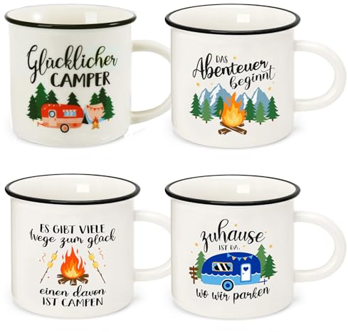 Rhdekoein 4 Stück Camping Tasse Becher zum Campen Ausrüstung Geschenke für Camper Familie Womo-Bewohner Freunde Deko für Wandern Wohnwagen Wohnmobil Ausflüge