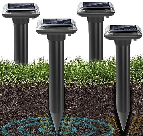 Solar Mole Repellent Ultrasonic,Chipmunk Repellent,Deterrents for Garden Outdoor Waterproof,Repelling Gopher,Mouse,Snake, Rodent, 4 Pack Ultrasonic Solar Power Animals Repeller
