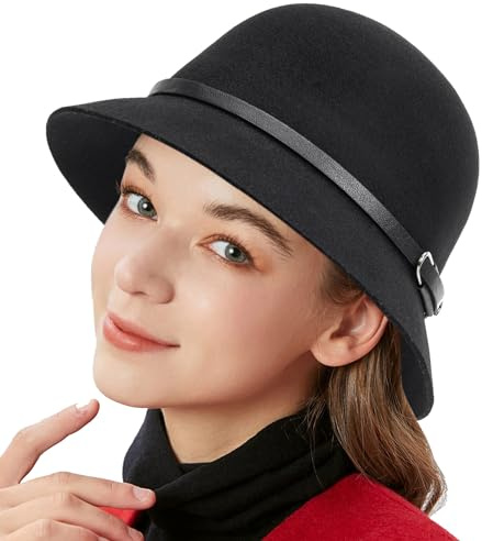 HilyBony Sombrero de campana para mujer de los años 20 con lazo, vintage, para iglesia, fieltro de lana, para invierno, Negro con cinturón, M