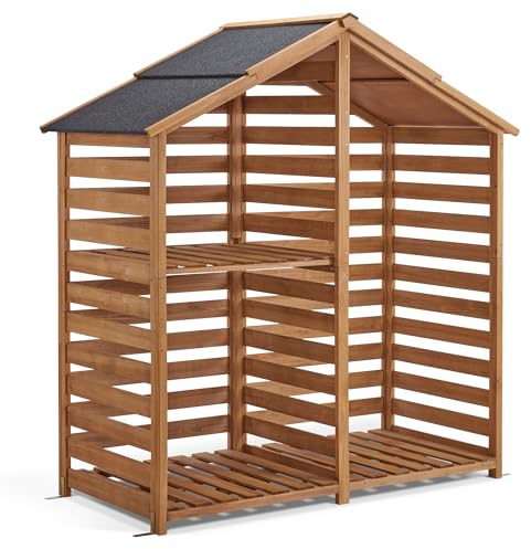 M MCombo Étagère en bois d'extérieur - Accessoires de cheminée à 2 niveaux - Étagère à bois de chauffage avec couvercle étanche - 85 x 175.5 x 184.5 CM, 1213 (Naturel)