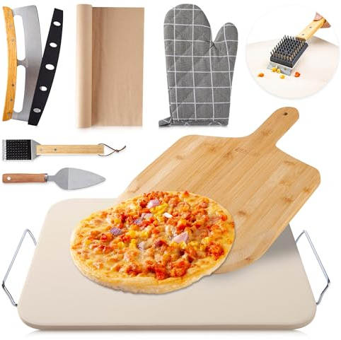 Zonzest Juego de 8 piedras para pizza, piedra profesional grande para pizza de 15 pulgadas para horno y parrilla con kit de pizza, cortador de pizza, servidor, cáscara de pizza, guantes, piedra para