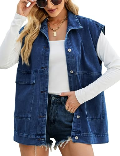 Sukany Women's Casual Denim Vest Sleeveless Button Down Waistcoat Oversized Distressed Jean Jackets Dark Blue M
