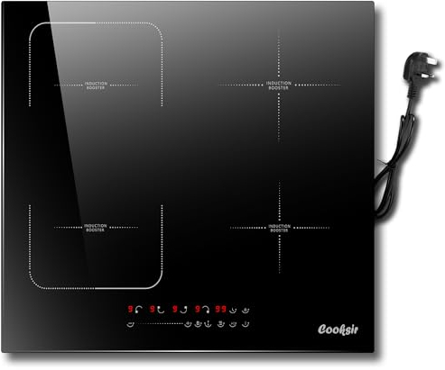 Induction Hob 60CM Cooksir, Plug in Induction Hob 4 Zone with Flexible Zone, 220V Hob Induction 4 Burner 2800W, Electric Hob with 9 Power Level, 99 Mins Timer, Boost, Safety Lock, Keep Warm