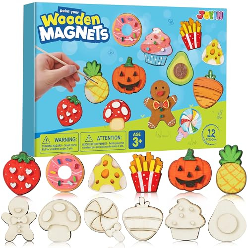 JOYIN 12PCS Wooden Magnets,Arts and Crafts for Kids Age 3+ Years Old,Painting Kit,Fridge Magnets Craft Kits for Boys Girls,Creative Gifts for Birthday,Easter Crafts,Wooden Crafts for Children(Food)