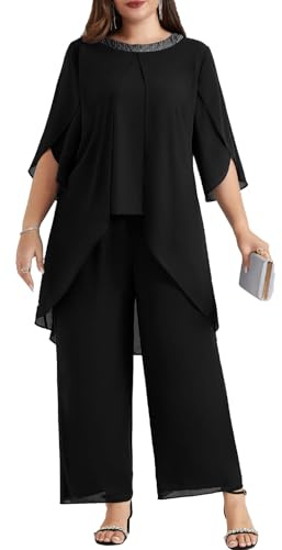Hanna Nikole Abito da sera in chiffon per donna, taglie grandi, elegante abito in due pezzi, abito festivo per invitate a matrimoni, festa di cocktail, moda notturna, paillettes, collo tondo e, Nero