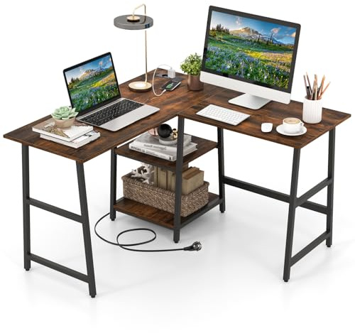 COSTWAY Skrivbord i L-form, hörnskrivbord med uttag och USB-portar, hörnbord med förvaringsytor, datorbord, kontorsbord för hemmakontor, 120 x 120 x 75 cm (rustik brun)