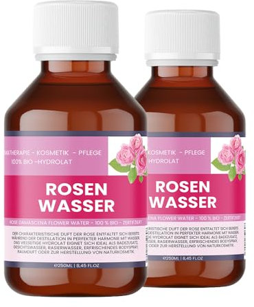 Agua de rosas orgánica de 500 ml (2 x 250 ml) – 100% pura rosa damascena hidrolato para rostro, cabello y cosméticos DIY – Agua de rosa orgánica