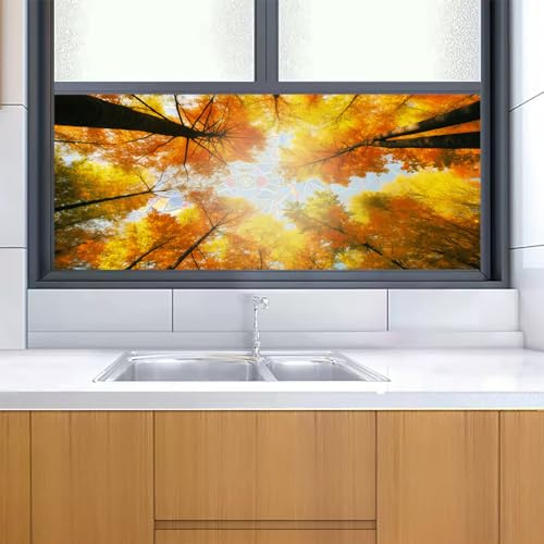 Window Film Privacy Orange Yellow Trees Stained Glass Window Film Reusable Stickers for Glass Office Kitchen Living Room Opaque Bathroom Privacy Window Films 1 P/45x116cm
