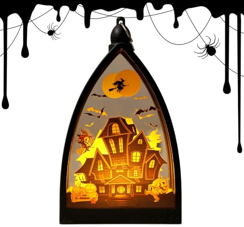 Faroles de Halloween para interiores – Farol para porche con esqueleto, calabaza y castillo, centro de mesa ornamentales para decoración de interior exterior patio jardín camping y porche