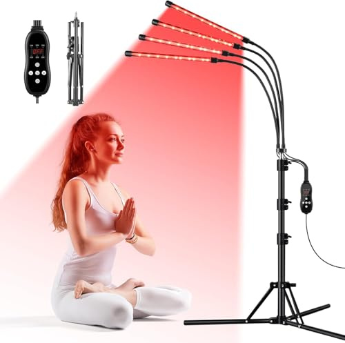 Cozion Lampada a luce rossa con supporto, 660 nm e 850 nm, luce rossa a infrarossi, 120 LED con timer, 4 teste, lampada a infrarossi (lampada non produce calore)