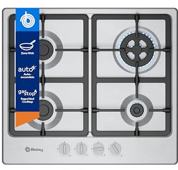 Balay - Placa de Gas, 60 cm de ancho, 4 Zonas de Cocción, Control de llama, Autoencendido, GasStop, blanco, 3ETX565CB