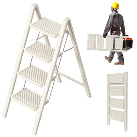 4 Step Ladder, Step Stool for Adults, Protable Carbon Steel Folding Stool with Wide Anti-Slip Wide Pedals, 330lbs Sturdy Steel Ladder for Household and Kitchen