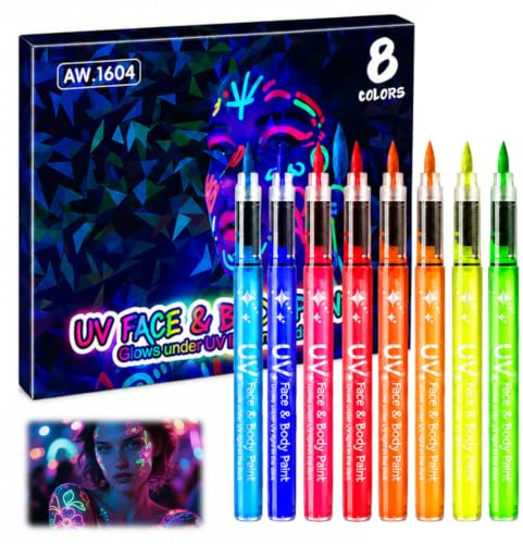 EIH1 8 Pezzi Trucco Neon Glow in the Dark per Viso e Corpo, Pennarelli Tattoo Fluorescenti, Anallergico e Resistenti all'Acqua, Per Festival e Feste