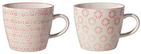 Bloomingville Tassen mit Henkel Isabella Retro Kaffeetasse Teetasse Vintage dickwandige ø 9,5 x H 8 cm, rosa, Keramik, 2er Set, fasst ca. 280 ml