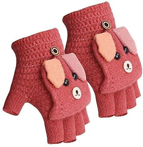 JINTN Boys Girls Flip Top Gloves Winter Warm Mitten Knit Thermal Fingerless Gloves for Kids Children Students Half Finger Glove Toddler Hand Warmer Running Riding Driving Ski Snow Gifts