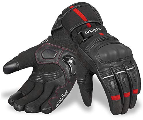 Oro Biker Winter Motorbike Gloves | Knucle Protective Waterproof Winter Motorcycle Gloves Touchscreen Windproof Thermal Warm Gloves Winter Hiking Outdoor Sports (Black/Red, Large)