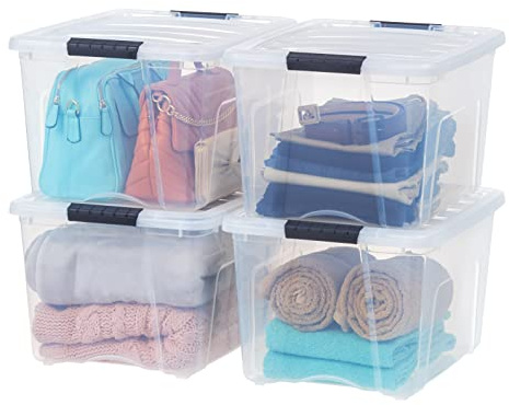 IRIS USA 40 Qt Stackable Plastic Storage Bins with Lids, 4 Pack - BPA-Free, Made in USA - See-Through Organizing Solution, Latches, Durable Nestable Containers, Secure Pull Handle - Clear