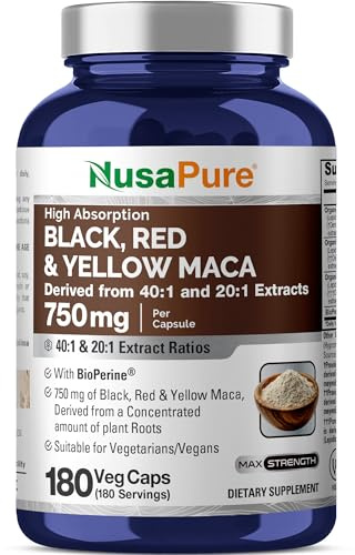 NusaPure Maca Root Black, Red, Yellow Capsules, 750 mg, 180 Veg Capsules (Non-GMO, Vegan)