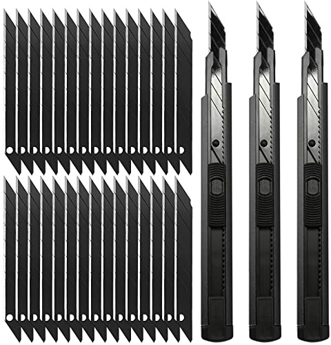 FOSHIO Retractable Utility Knife with 30 Degree Snap Off Blade 9MM, Box Cutter for Carton, Cardboard and Box, Office, Home Use, 3 Pack Black Aluminum Handle Knife ​with Extra 30 Replacement Blades
