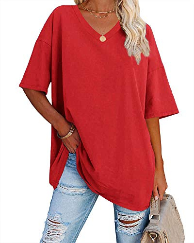 Ebifin Tee-Shirt Femme Décontracté Basique Oversize Manches Courtes,Rosso,M