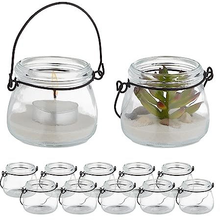 Relaxdays Windlicht, 12er Set, aus Glas, mit Henkel, innen & außen, Teelichthalter, HxD 6,5x7,5 cm, transparent/schwarz