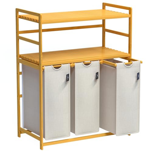 AdelDream Premium Wäschekorb 150L – 3 Fächer & 2 Regale, Ausziehbarer & Abnehmbarer Wäschesack mit Bambusrahmen, Hellgrau – Wäschesammler, Wäschebox & Wäschesortierer für Badezimmer & Schlafzimmer