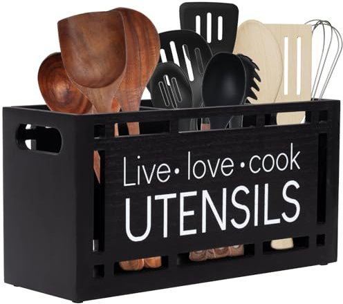 Karisky Utensil Holder for Kitchen Counter, Large 3 Compartments Solid Real Wood Utensil Caddy Organizer with 4 Non-Slip Pads, Rectangular Cooking Tools Storage for Countertop, Black