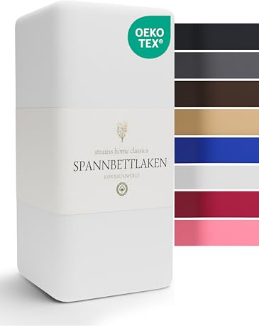 Strauss Home® Jersey Spannbettlaken Spannbetttuch Bettlaken 100% Baumwolle Topper (10cm Höhe) 140x200-160x200 cm (Weiß)