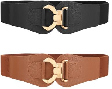 WERFORU 2 Stück Damen Breiter Gürtel Elastischer Taillengürtel für Kleider Goldener Schnalle Gürtel für Damen