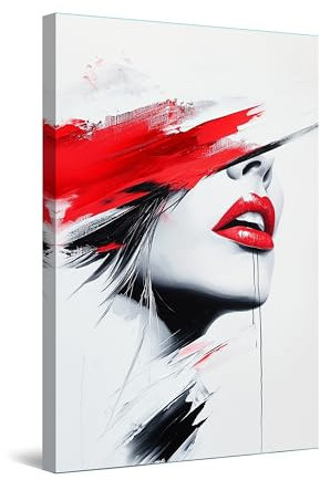 Startonight Quadro su Tela Luminoso - Labbra di Donna con Accenti Rossi e Bianchi Neri Astratti, Quadri Moderni Astratti per Camera da Letto, Stampe Incorniciate 60x90 cm, Decorazione Parete