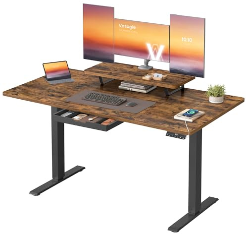 VASAGLE Scrivania Regolabile Elettricamente in Altezza, 140 x 70 cm, per Lavoro in Piedie, Supporto Monitor, Cassetto, Porta USB-C, Promemoria Sedentarietà per Ufficio, Marrone Vintage LSD154KD01