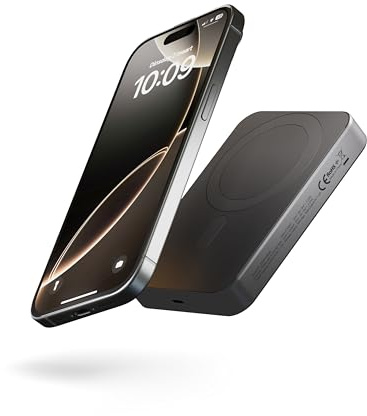 Zens Slim Aluminium Power Bank Qi2 10k mAh, MagSafe-kompatibles Kabelloses Ladegerät 15 W für iPhone Air/17/16/15/14/13/12 sowie und AirPods, inkl. integriertem, 30 cm langem USB-C-C-Kabel, Schwarz