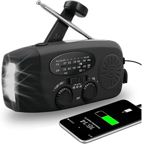 Radio a Pile Survie - Radio Solaire - Kit de Survie Complet - Dynamo Manivelle Portable Rechargeable 2000mAh, AM/FM, Lampe Torche, Fonction SOS, Powerbank – Idéale Camping, Randonnée (Noir)