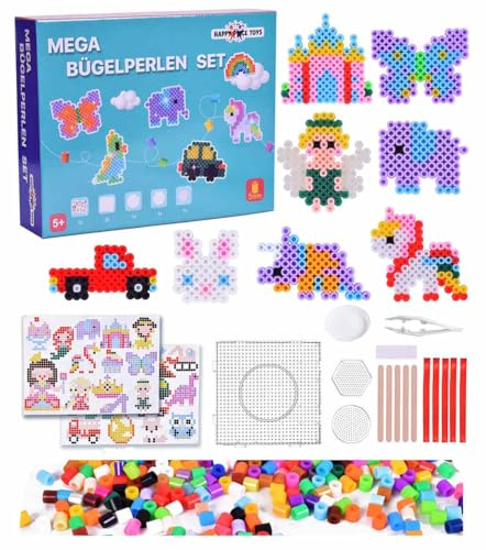 10.000 Bügelperlen Set mit versch. Farben, Steckplatten und Zubehör - 5mm Perlen Bastel Box - Perfekt Geschenk