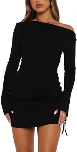 AOWVUTS Women Off Shoulder Mini Dress Sexy Long Sleeve Ruched Short Dresses Drawstring Side Slit Bodycon Dress Elegant Slim Fit Fall Wrap Dresses for Party Cocktail Going Out Clubbing Black