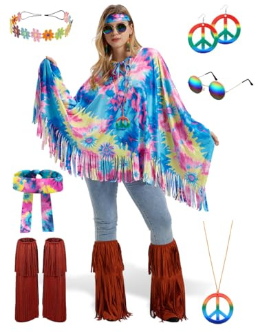 Geehora Hippie Kostüm Damen Poncho Set (A)