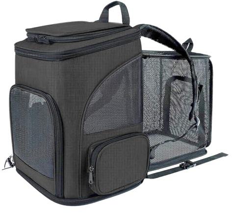 Generic Stor Kattryggsäck, Utbyggbar Husdjursbärare med Andningsbara Nätfönster och Mjuk Plysch, för Resevandring Camping Veterinärbesök Små Medelstora Husdjur Upp Till 18lbs (BLACK)