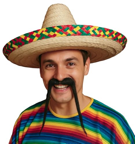 FIESTAS GUIRCA | Chapeau mexicain en paille décoré (50 cm) - Accessoire de fête pour célébrations mexicaines, été et carnaval - Idéal pour adultes unisexe - Naturel