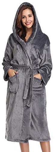 Vlazom Ladies Dressing Gown, Flannel Soft Robe Warm Fluffy Bathrobes with Hooded or Shawl Collar Long Robe for Cold Day UK 6-28