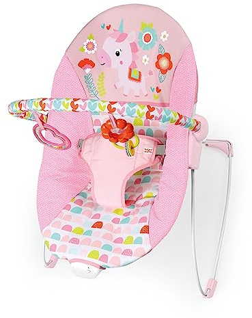 Bright Starts, Hamaca Mecedora para Bebés Fancy Fantasy - vibraciones relajantes, arco de juego con 2 juguetes, arnés de 3 puntos, rosa, desde recién nacidos