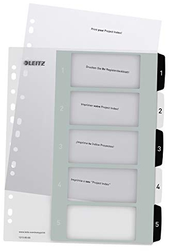 Leitz WOW Utskrivbart register, A4, extra brett, fem numrerade flikar, polypropen, vit/svart, 12130000