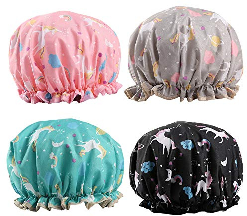 Douche Bonnet de Bain pour Salle de Bains, Spa et Usage Domestique, Réutilisable Bonnet Bain Douche avec des Bandes élastiques pour Dames Fille Douche Spa Cheveux Masque Maquillage(4 Pièces)